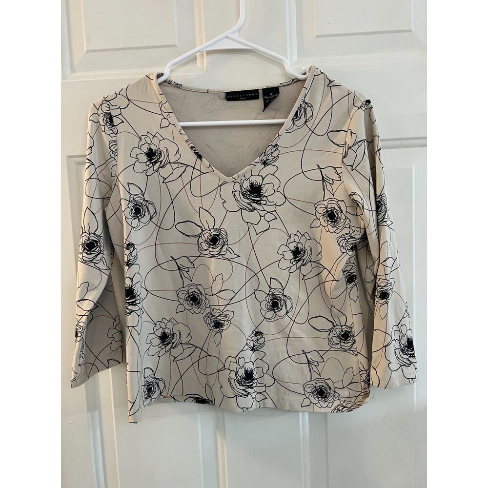Apostrophe MP Top Cropped Line Art Floral Artsy Abstract Roses Beige Stretchy